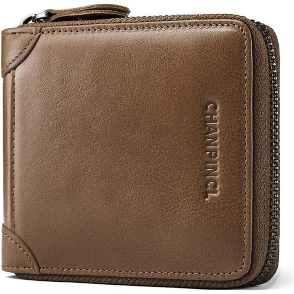 Mens Genuine Leather Zipper Wallet Dark Khaki